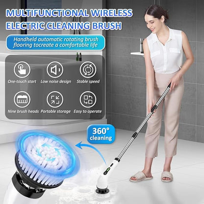 Electric Shower Spin Scrubber, Scrub Brush Floor Scrubber with Long Handle, Electric Cleaning Brush with 9 Replaceable Heads, for Bathroom Kitchen Tile Grout Shower Car Cleaning Supplies﻿