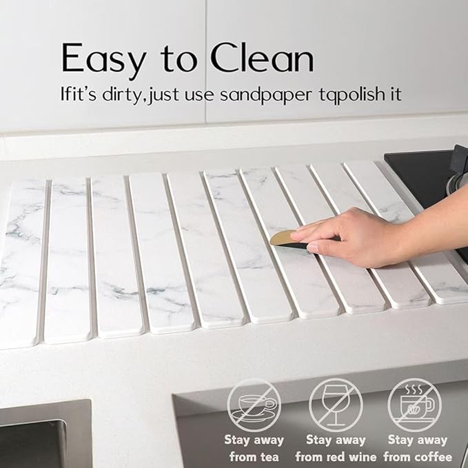 Dish Drying Mats, Large 24x16 Inch Diatomaceous Earth Drying Mat / Fast-Absorbing,Non-Slip Stone Drying Mat For Kitchen Counter / Eco-Friendly for Dishes (White Marble)