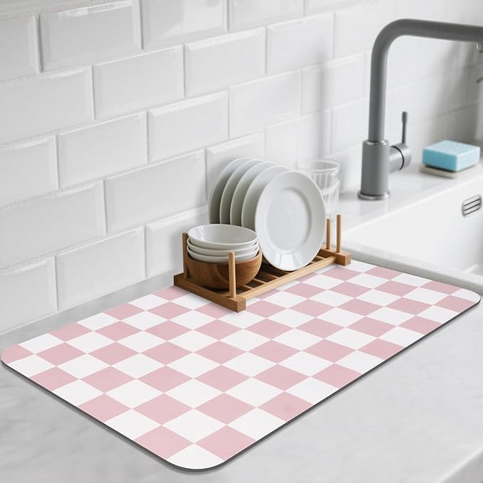 CooRug Checkered Dish Drying Mat for Kitchen Counter, Absorbent Non-Slip Coffee Mat, Heat Resistant Mat for Countertops Coffee Bar Decor 16" x 24" Pink