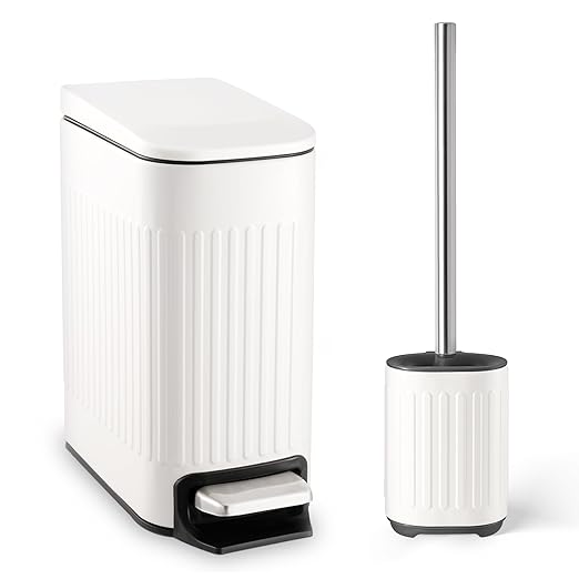 Bathroom Trash Can with Toilet Brush - 1.6 Gallon Slim Stainless Steel Garbage Can, Small Wastebasket for Bathroom, Office, Bedroom, Silicone Toilet Brush Included, White