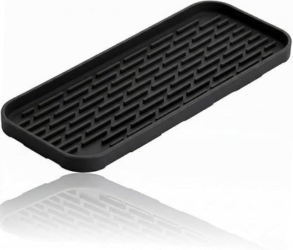 Silicone Organizer Tray, Soap and Sponge Holder for Kitchen Sink, Bathroom - Storage Tray for Dish Brush, Soap Dispenser, Dishwashing Accessories-(Black 1 Pack, 12"x4.7")