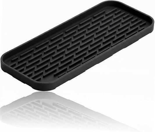 Silicone Organizer Tray, Soap and Sponge Holder for Kitchen Sink, Bathroom - Storage Tray for Dish Brush, Soap Dispenser, Dishwashing Accessories-(Black 1 Pack, 12"x4.7")
