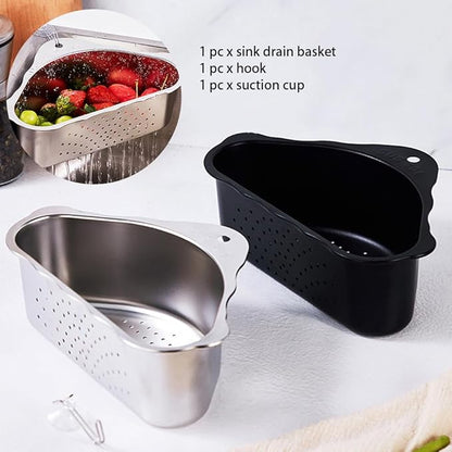 Triangle Sink Drainer Basket, Stainless Steel Triangular Sink Drain Shelf, Suction Cup Triangular Filter Drain Basket Kitchen Sinks Corner for Filter Food Waste and Washing Fruit(Color:Black)