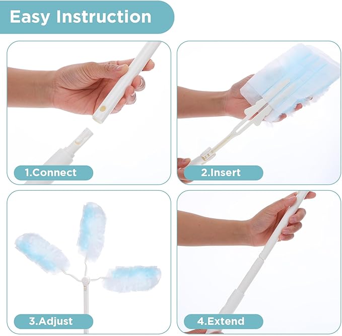 60 Count Duster Refills, 360° Heavy Duty Dusters Kit Disposable Microfibre Dusters with Extendable Handle Multi Surface Duster for Cleaning Furniture Blind Ceiling Fan Home