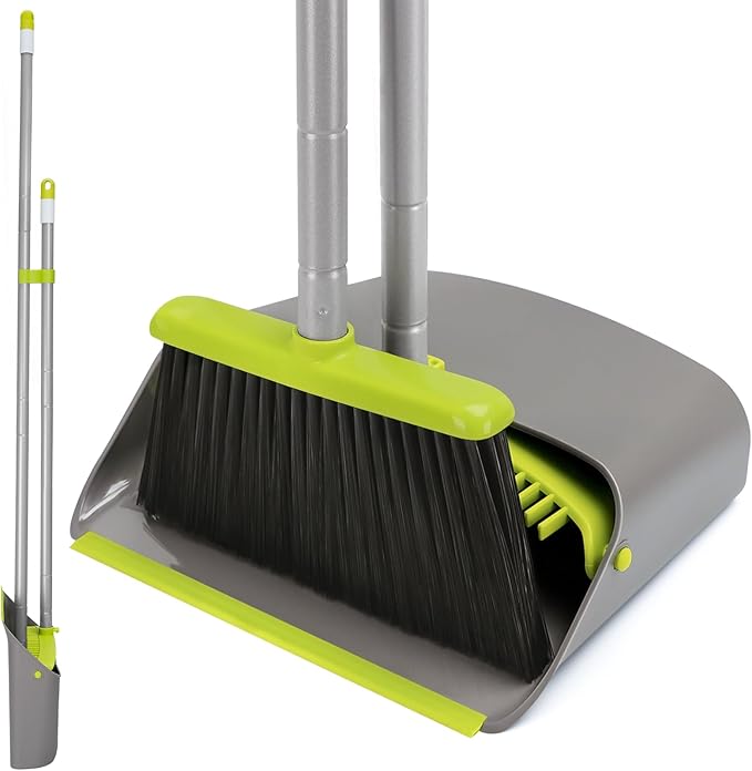 Broom and Dustpan Set with Long Handle 52", Standing Broom and Dust Pan Set for Home Kitchen Room Office Lobby Green