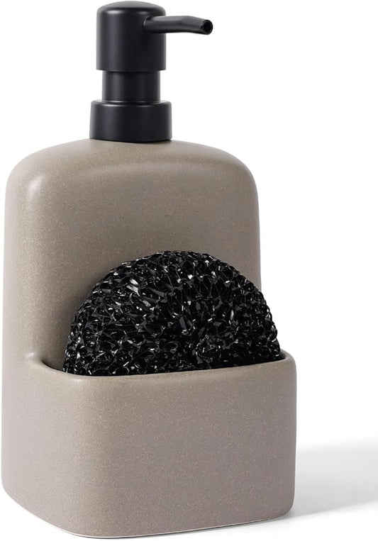 BosilunLife Dish Soap Dispenser - Matte Silver Grey Ceramic Kitchen Soap Dispenser with Sponge Holder Matte Ceramic Soap Daddy Dispenser 20oz for Kitchen Soap Pump and Sponges Caddy