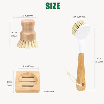 Bamboo Vegetable Brush Set, Natural Bristle Dish Brush with Holder, Eco Friendly Soft Dish Scrubber Kitchen Brush for Dishes