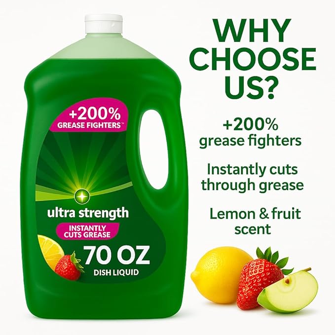 Ultra Strength Liquid Dish Soap, Heavy Duty Degreaser, Tough on Grease, Gentle on Hands, Concentrated Formula, Fresh Scent, Large 70 fl oz Bottle for Kitchen Cleaning