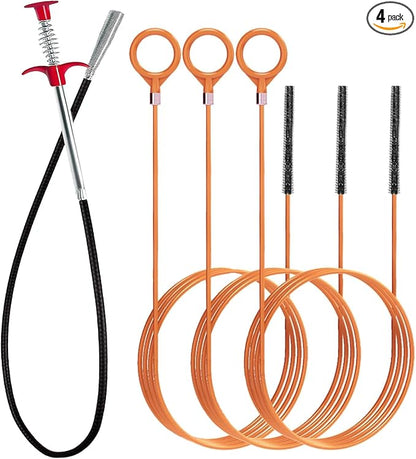 Hair Catcher Drain Auger Cleaner Tool Set - 3 × 53 Inch Sink Snake + 1 × 35 Inch Drain Clog Remover, Set For Toilet, Kitchen Sink, Bathroom Tub, Sewer，4 Pack