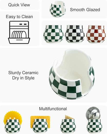 Zoeeker Kitchen Sponge Holder, Ceramic Sponge Organizer Checkered Scrubby Holder Sink Caddy Scrub Dish Rack for Kitchen, Bathroom, Sink, Christmas Decor, Green and White