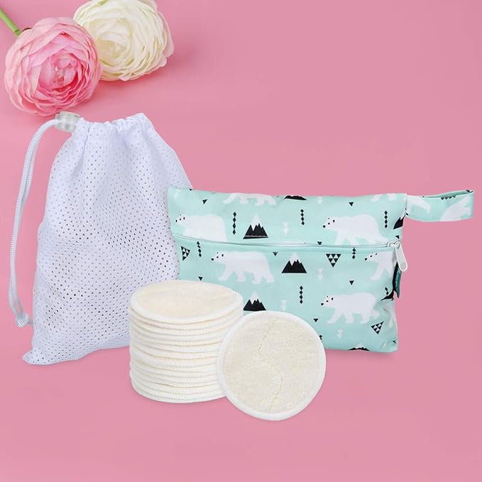 Teamoy 16 Pcs Reusable Makeup Remover Pads with Laundry and Storage Bag, Organic Rounds for Face, Super Soft and Absorption Wash Cloth Pads, Bear