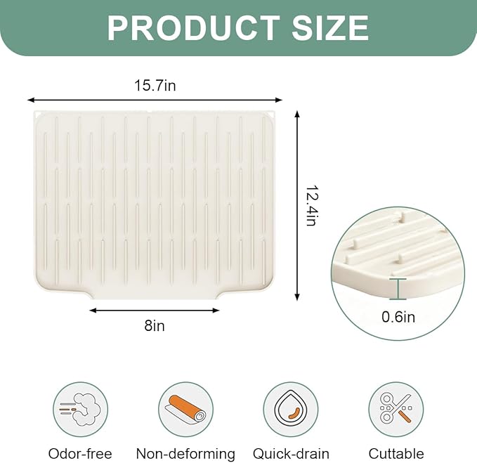 Silicone Kitchen Countertop Dish Drying Mat with Water Collection Tray Non-Slip Pad(Beige)