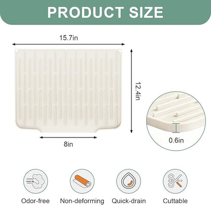 Silicone Kitchen Countertop Dish Drying Mat with Water Collection Tray Non-Slip Pad(Beige)