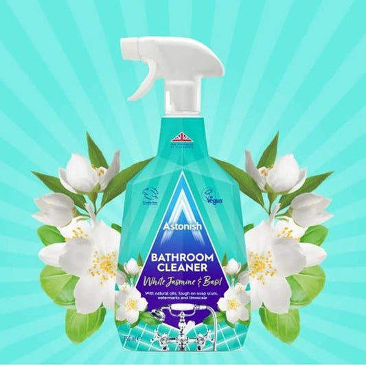 Astonish 750ml Streak-Free White Jasmine & Basil Foaming Bathroom Cleaner Spray Bottles, 2 Pack – Deep Clean Soap Scum, Watermarks & Limescale – Vegan, Cruelty-Free Household Cleaning Supplies