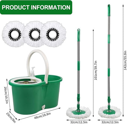 Spin Mop and Bucket with Wringer Set, 360° Rotating Head Mop Bucket System with 3 Microfiber Mop Refills Wet and Dry Suitable for Office and Home Use, Green (Green)