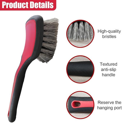 Tire & Wheel Brush for Car Rims - Short Handle Stiff Bristle Auto Detailing Scrub Brush | No Scratch Car Wash Brush Cleaning Tool for Tires, Wheels, Rims, Floor Mats, Carpet, Cars, Home (Red)