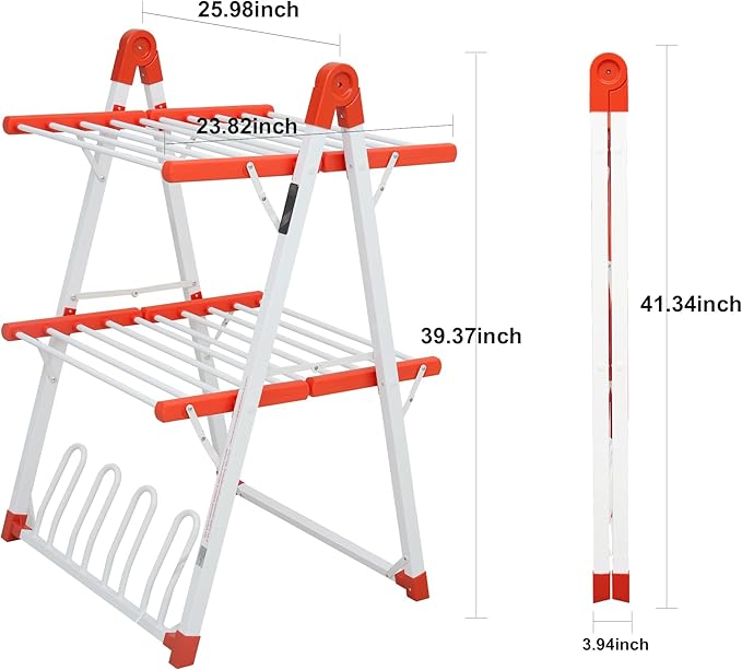 Electric Heated Clothes Drying Rack,Foldable Heated Garment Dryer with Timer Shut-Off Laundry Rack for Clothes Shoes Socks,Aluminum Alloy,Red,Plug & Play,(39.37x25.98x23.82in)