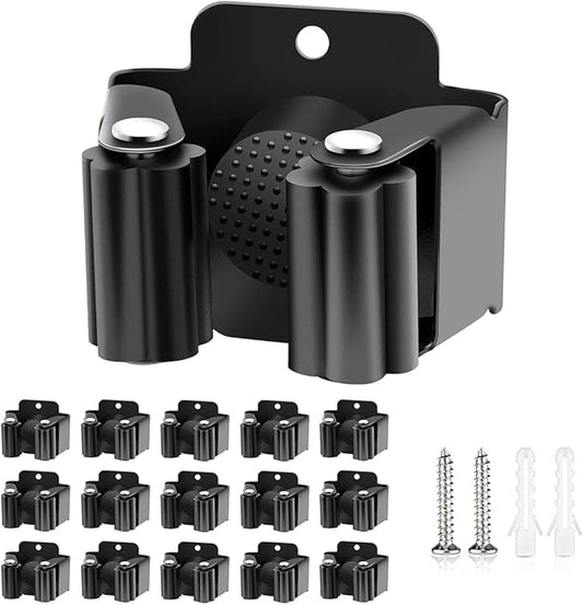Verdenu 15 Pack Broom Holder Wall Mount, Mop and Broom Holder Wall Mount, Stainless Steel Command Mop Hanger with Screws, Garden Tool Storage Organizer for Kitchen, Home, Bathroom, Garage, Black