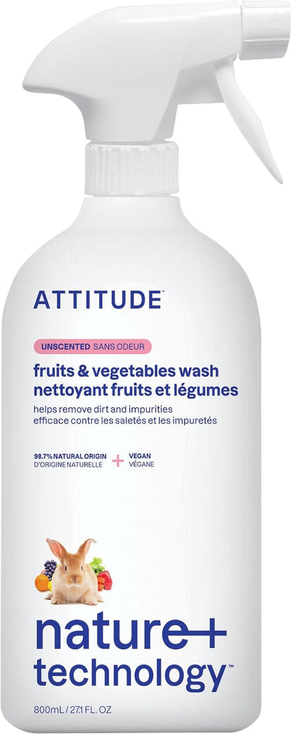 ATTITUDE Fruit & Vegetable Wash, Unscented Food-Safe Produce Wash to Remove Dirt, Wax & Residue, Vegan Plant-Based Produce Cleaner, 27.1 Fl Oz