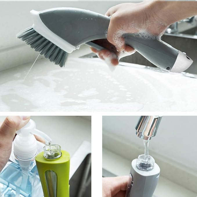 Cleaning Brush Tile Brush Bristles Scrub Brush with Soap Dispensing Long Handle Comfort Grip Heavy Duty for Bathroom Shower Kitchen Sink Floor Tile Cleaner Household Cleaning Tool (Grey)