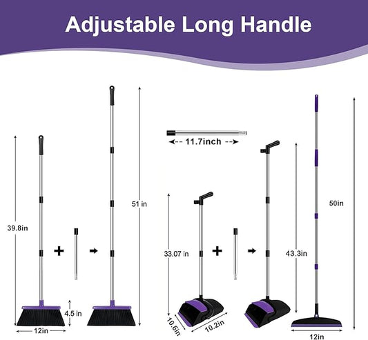 Broom with Dustpan Combo Set and Silicone Air Broom Kit, 51" Long Handle Floor Squeegee, Purple Household Kit for Glass Window Rugs Pet Hair Home
