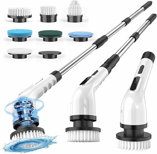 Electric Spin Scrubber, Cordless Cleaning Brush Scrubber for Home, 8 Replaceable Brush Heads, 3 Adjustable Size, 2 Speeds for Bathroom Shower Bathtub Glass Car