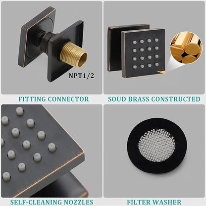 Showerhead Body Spray, HOMEDEC 2inch Brass Square Massage Shower Jet Can 360 Swivel, Oil Rubbed Bronze, 4 pack