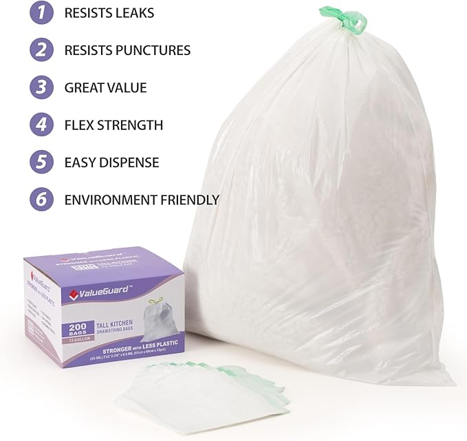 ValueGuard Trash Bags Garbage Bag 13 Gallon Drawstring Tall Waste Bag for Kitchen Office Party 0.6 Mil (200 Count)