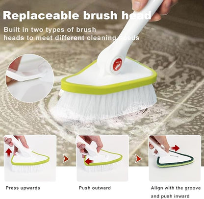 CQT 2 in 1 Bathroom Cleaning Brush with 48" Extendable Long Handle Detachable Scrub Brush with 2 Scrubber Heads and 2 Scouring Pad Head for Cleaning Bathtub Shower Bathroom Wall Bathtub Floor