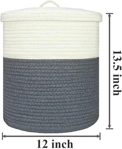 Yimi's Dream Storage Basket with Lid, Small Lidded Cotton Rope Storage Bins for Organizing, Cute Woven Round Covered Laundry Baskets (White & Grey, 12D x 13.5H Inches)