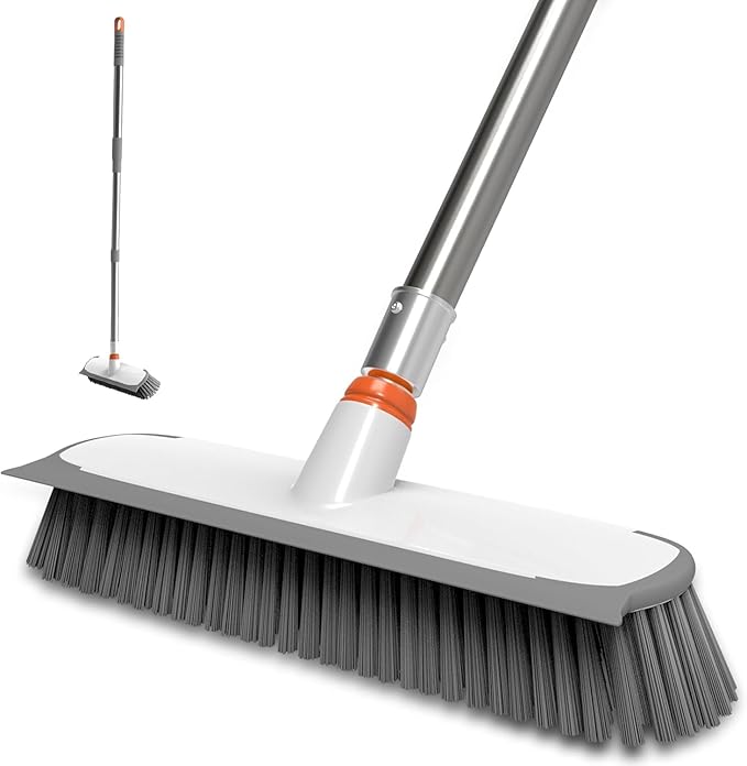 BITOPE Deck Scrub Brush with Long Handle, Heavy Duty Floor Cleaning Brush Scrubber with Stiff Bristle for Concrete Tile Patio Garage Bathroom