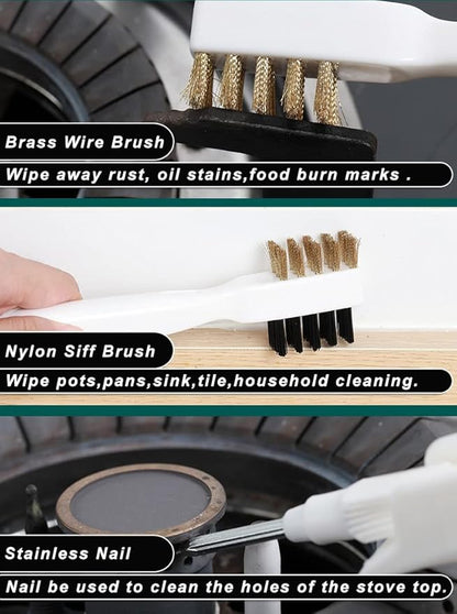 Kitchen Cleaning Scrub Brush - Deep Gas Stove Brass Wire Brushes with Stiff Bristles & Cooktop Scraper, Scrubber for Range Hood Grease Grime, Rust Cleaner for Pot Pan, Household Cleaning Tools