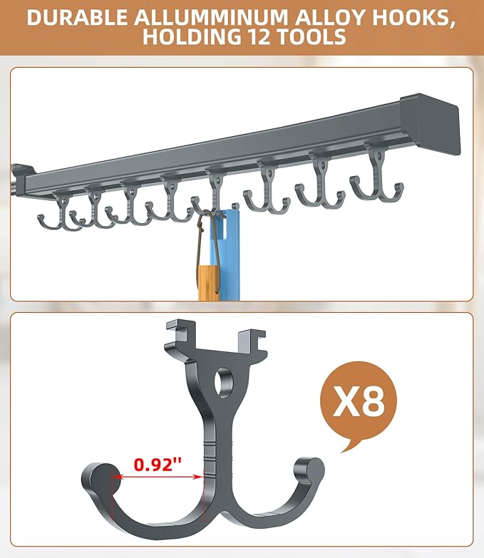 Pull Out Broom Holder, Multifunctional Slide Broom And Mop Storage/Organizer With Adjustable Double Row Sliding Hook, Garage Organization Hooks, for Closet Laundry Garage 46CM - grey - 46cm/18.11inch