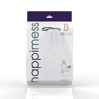 happimess 5.3 Gallon (20L) Drawstring Trash Bags, Unscented, White, Heavy Duty LDPE Liners for Kitchen and Household, Custom Fit 80 Count (4 Packs of 20 Liners) HPM3000B-W-4SET