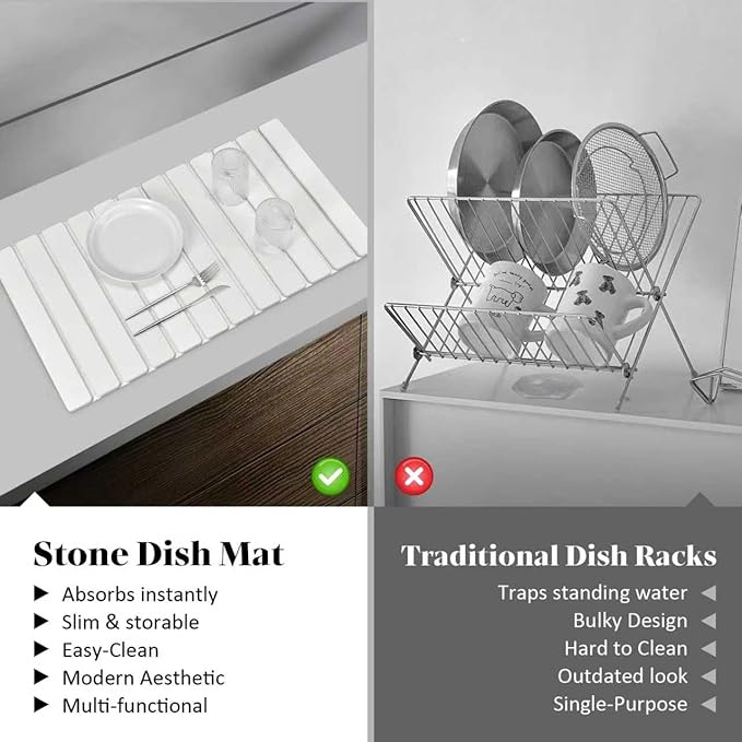 Extral Large Stone Dish Drying Mats for Kitchen Counter, 28"(L)×16"(W), Collapsible Quick Drying Dish Mats, Eco-Friendly Absorbent Diatomaceous Earth Mat for Dishes Cups Bottles, Match Any Countertop