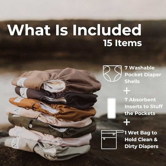 Nora's Nursery Cloth Diapers for Babies (Down to Earth) – 7 Adjustable Baby Reusable Diapers, 7 Inserts & 1 Wet Bag From Newborns to Toddlers – One-Size Pocket No-Leak, Washable Design to Reduce Waste