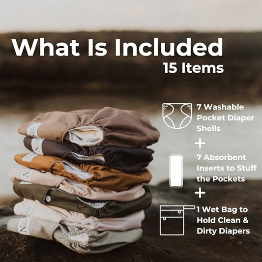 Nora's Nursery Cloth Diapers for Babies (Down to Earth) – 7 Adjustable Baby Reusable Diapers, 7 Inserts & 1 Wet Bag From Newborns to Toddlers – One-Size Pocket No-Leak, Washable Design to Reduce Waste