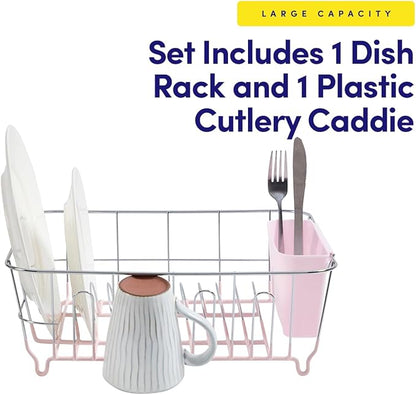 Dish Drying Rack & Cutlery Holder 2 Piece Set - Compact Sink-Fitting Dish Drainer with Rubberized Undercoating, Space-Saving Kitchen Organizer for Plates, Cups, Bowls & Utensils in Sink, Pale Pink