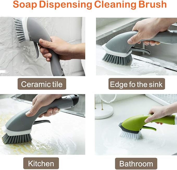 Cleaning Brush Tile Brush Bristles Scrub Brush with Soap Dispensing Long Handle Comfort Grip Heavy Duty for Bathroom Shower Kitchen Sink Floor Tile Cleaner Household Cleaning Tool (Green)