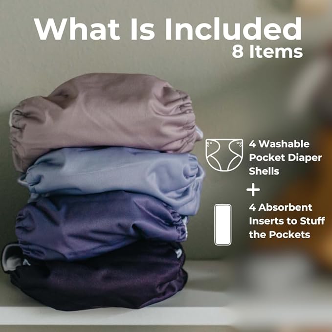 Nora's Nursery Cloth Pocket Diapers 4 Pack with 4 Inserts - Waterproof Cover, Washable, Reusable & One Size Adjustable Pocket Diapers for Newborns and Toddlers - Amethyst