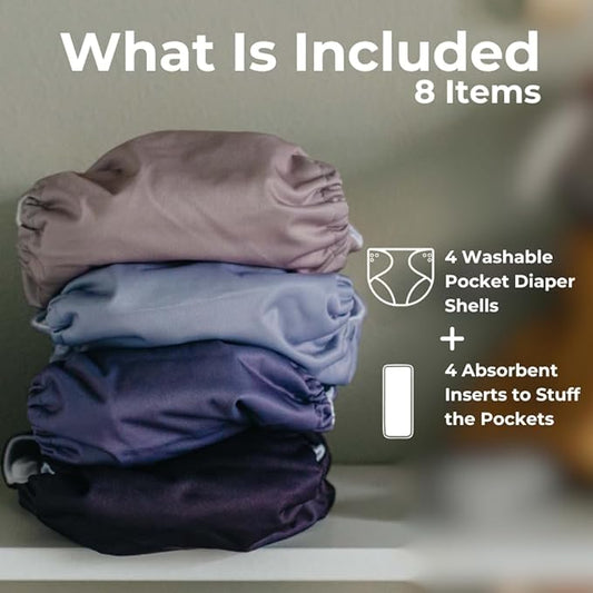 Nora's Nursery Cloth Pocket Diapers 4 Pack with 4 Inserts - Waterproof Cover, Washable, Reusable & One Size Adjustable Pocket Diapers for Newborns and Toddlers - Amethyst
