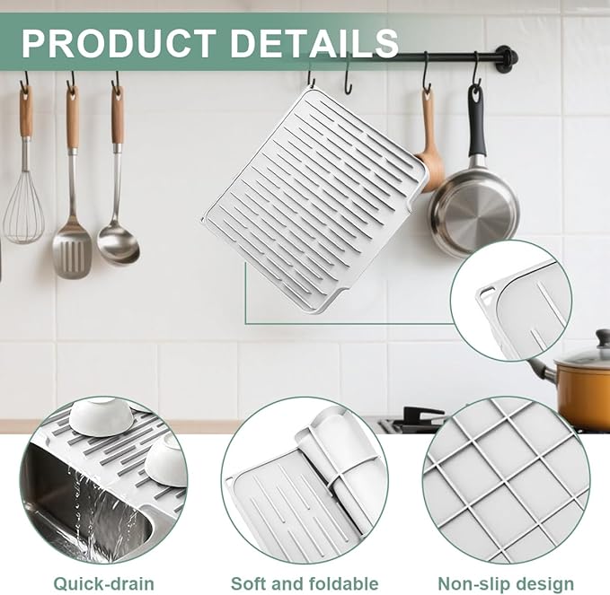 Silicone Kitchen Countertop Dish Drying Mat with Water Collection Tray Non-Slip Pad(Light Gris )