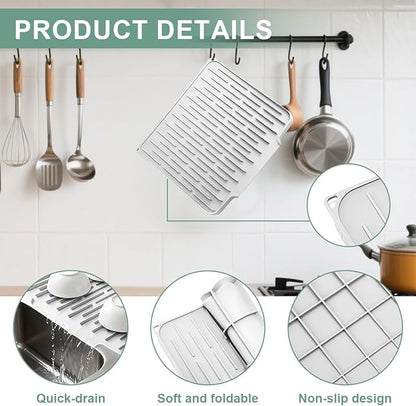 Silicone Kitchen Countertop Dish Drying Mat with Water Collection Tray Non-Slip Pad(Light Gris )