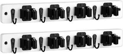 Lorbro 2 Pack Broom Holder Wall Mount, Wooden Broom and Mop Organizer Wall Hanging, Mop Hanger Rack with 4 Slots & 4 Hooks, Tool Organizer for Laundry Room, Closet, Garage, Kitchen