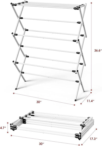 Foldable Clothes Drying Rack – Metal Laundry Drying Rack with Non-Slip Feet, 3-Tier Space-Saving Clothing Rack for Laundry Organization, Indoor & Outdoor Use, 11.4" D x 30" W x 36.6" H, White