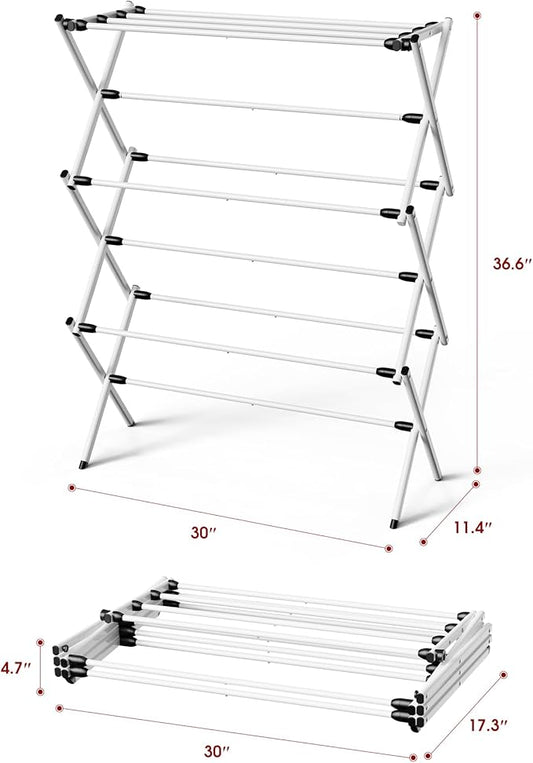 Foldable Clothes Drying Rack – Metal Laundry Drying Rack with Non-Slip Feet, 3-Tier Space-Saving Clothing Rack for Laundry Organization, Indoor & Outdoor Use, 11.4" D x 30" W x 36.6" H, White