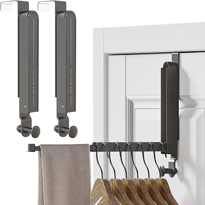Over The Door Drying Rack, Foldable Portable Over The Door Hooks Hanger with Retractable Hanging Rod, Over The Door Clothes Drying Rack Equipped with Non-Slip Pads for Door Protecter (2, Space Grey)