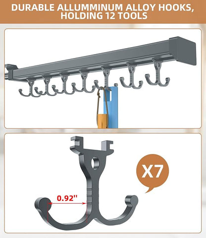 Pull Out Broom Holder, Multifunctional Slide Broom And Mop Storage/Organizer With Adjustable Double Row Sliding Hook, Garage Organization Hooks, for Closet Laundry Garage Kitchen - 41cm/16.141inch