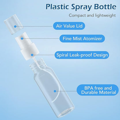 Zoizocp Spray Bottles, 4oz/120ml Clear Empty Fine Mist Plastic Mini Travel Bottle Set, Small Refillable Liquid Containers with 2pcs Funnels and 24pcs Labels (6 Pack)