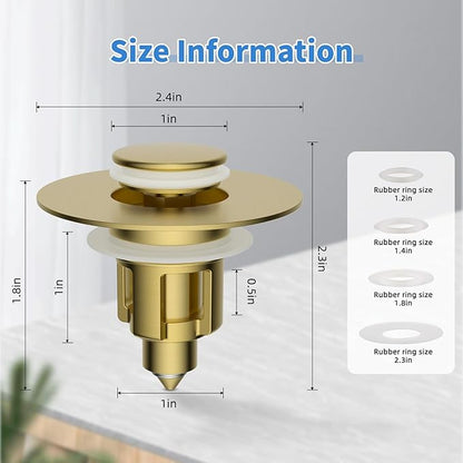 iFealClear Metal Universal Bathroom Sink Stopper, Upgraded Stainless Steel Sink Drain Strainer for 1.1''~2.36" Basin Pop Up Drain Strainer, Anti-Clogging Filter Basket, Brushed Gold